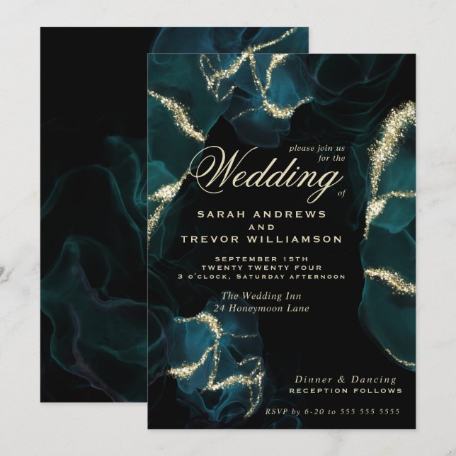 Invitación Boda | Tinta Verde azulada abstracta profunda de a (Anverso / Reverso)