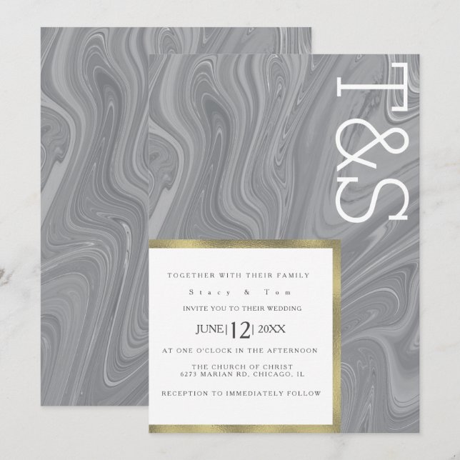 Invitación Boda Tipografía Ágata Gris Líquido Mármol (Anverso / Reverso)