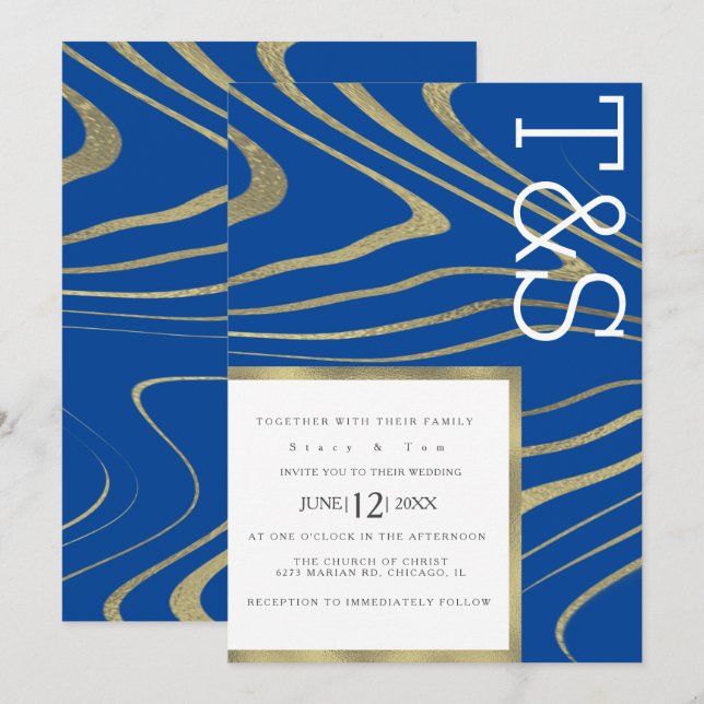 Invitación Boda Tipografía Ágata Oro Líquido Mármol (Anverso / Reverso)