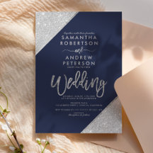 Boda tipografía brillo plateado moderno azul marin
