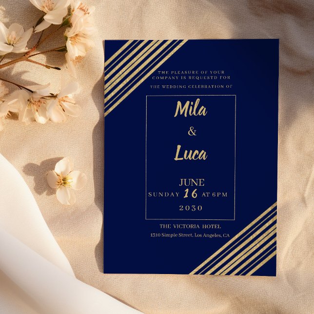 Invitación Boda tipografía geométrica azul marino dorado (Geometrical navy blue gold typography Wedding)