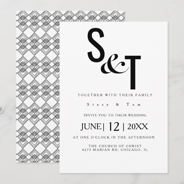 Invitación Boda Tipografía Geométrica Blanco y Negro Atrás (Anverso / Reverso)