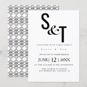 Invitación Boda Tipografía Geométrica Blanco y Negro Atrás