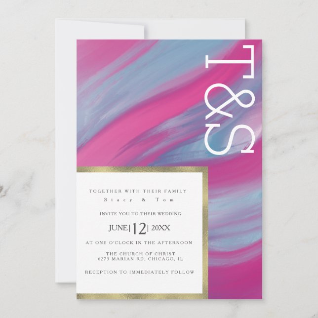 Invitación Boda Tipografía Lavado Rosa Azul Mármol (Anverso)