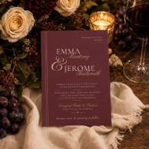 Boda tipográfica dorada en viñedo burgundy románti