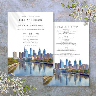 Invitación Boda Todo en Uno Acuarela del Horizonte de Filadel
