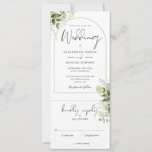 Invitación Boda Todo En Uno Arco Dorado Botánico Verde