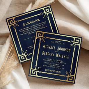 Invitación Boda Todo en Uno Art Déco Azul Marino Dorado