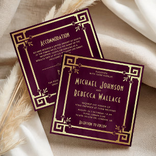 Invitación Boda Todo en Uno Art Déco Purpura Ciruela Dorado