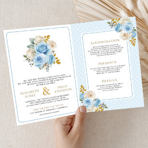 Invitación Boda Todo en Uno Blue Gold Ivory Floral Roses