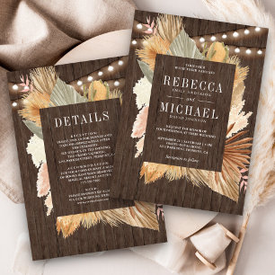 Invitación Boda Todo en Uno Boho Pampas Palma Seca de Madera