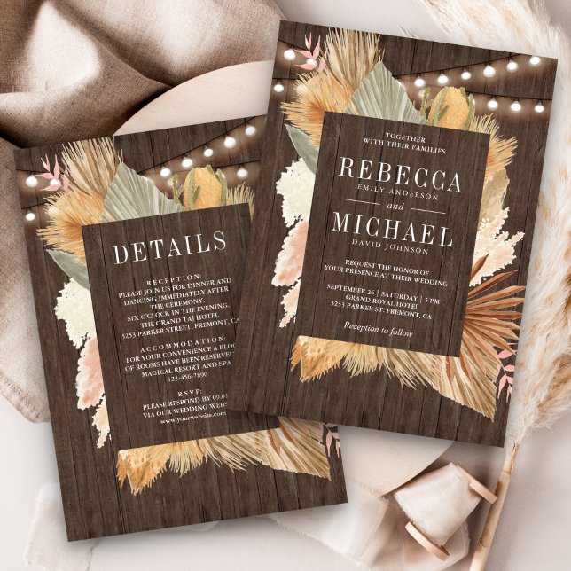 Invitación Boda Todo en Uno Boho Pampas Palma Seca de Madera (Subido por el creador)