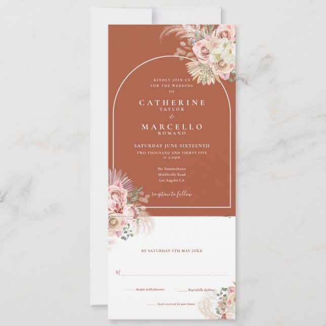 Invitación Boda Todo en Uno Boho Terracotta Pampas Grass (Anverso)