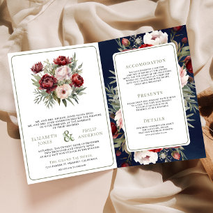Invitación Boda Todo en Uno Burgundy Blush Rosa Floral Navy