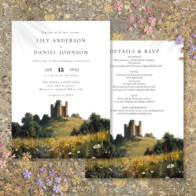 Invitación Boda Todo En Uno Castillo Floral Campo (Castle Floral Countryside All In One Wedding Invitation)