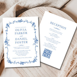 Invitación Boda Todo en Uno con Código QR Azul Real Victorian