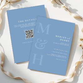 Invitación Boda Todo en Uno con Código QR de Monograma Azul P