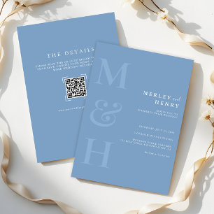 Invitación Boda Todo en Uno con Código QR de Monograma Azul P