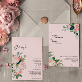 Invitación Boda Todo en Uno con Detalles Florales Rosados Rub