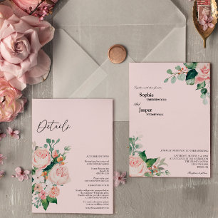 Invitación Boda Todo en Uno con Detalles Florales Rosados Rub