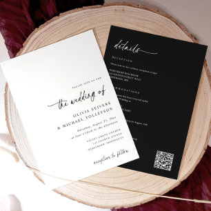 Invitación Boda Todo en Uno con Letra Manuscrita en Negro y B