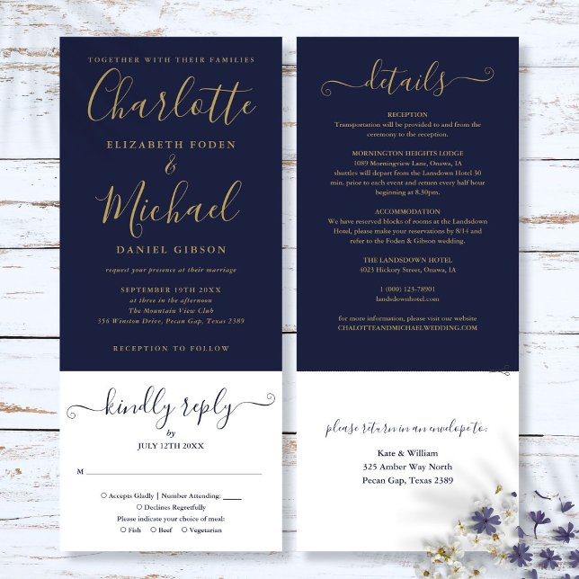 Invitación Boda Todo en Uno con Letra Script Azul Marino y Do (Navy Blue And Gold Script All In One Wedding Invitation)