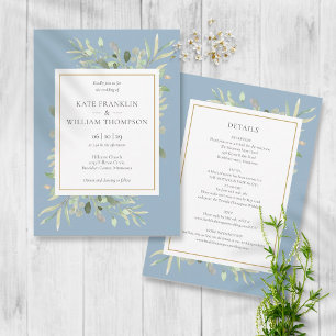 Invitación Boda Todo en Uno con Marco Dorado de Verde y Azul 