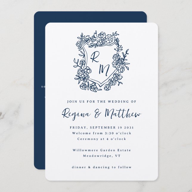 Invitación Boda todo en uno con monograma azul Escudo dibujad (Anverso / Reverso)