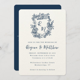Invitación Boda todo en uno con monograma azul Escudo dibujad