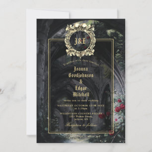 Invitación Boda Todo en Uno con Monograma de Rosas y Ruinas G