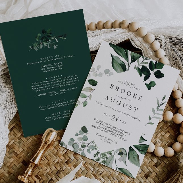 Invitación Boda Todo En Uno Con Verdor Esmeralda (Emerald Greenery All In One Wedding Invitation)