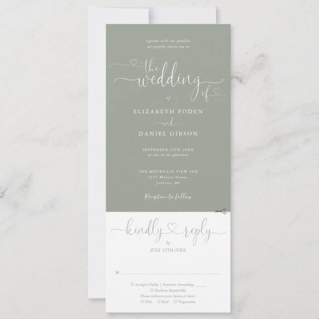 Invitación Boda Todo en Uno Corazón Script Verde Sage (Anverso)