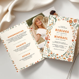 Invitación Boda Todo en Uno Cream Naranja Groovy Wildflower