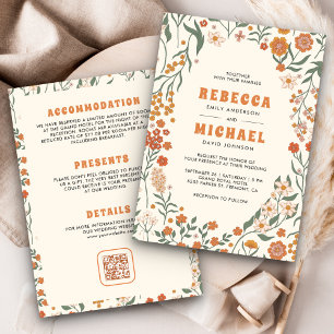 Invitación Boda Todo en Uno Cream Naranja Groovy Wildflower