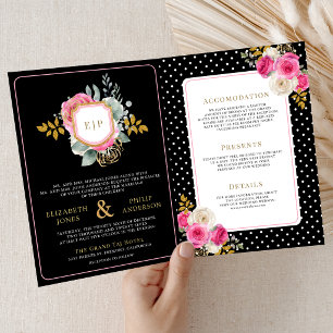 Invitación Boda Todo en Uno Cresta Negra Floral Rosa Fucsia