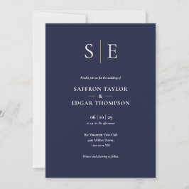 Invitación Boda Todo en Uno de Azul Marino y Dorado con Monog