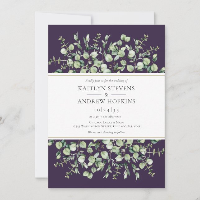 Invitación Boda Todo En Uno De Eucalipto Morado (Anverso)