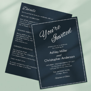 Invitación Boda todo en uno de Gunmetal azul de guión minimal