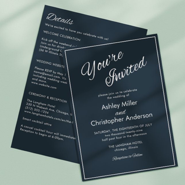 Invitación Boda todo en uno de Gunmetal azul de guión minimal (Subido por el creador)