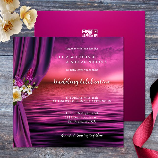 Invitación Boda todo en uno de la mariposa de la Moda Purple  (Boho chic all-in-one wedding invitation showing an ocean with roses and butterflies in purple pink)