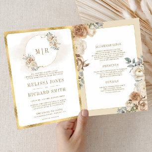 Invitación Boda Todo en Uno de Marfil Beige Floral Dorado Sua