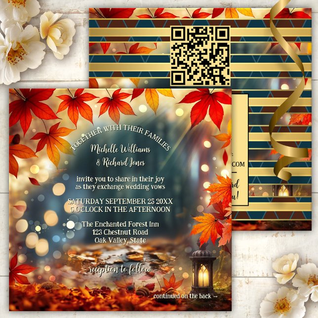 Invitación Boda todo en uno del bosque otoño encantado (Unique all-in-one fall wedding invitation with an enchanted forest theme with fairy lights - QR code)