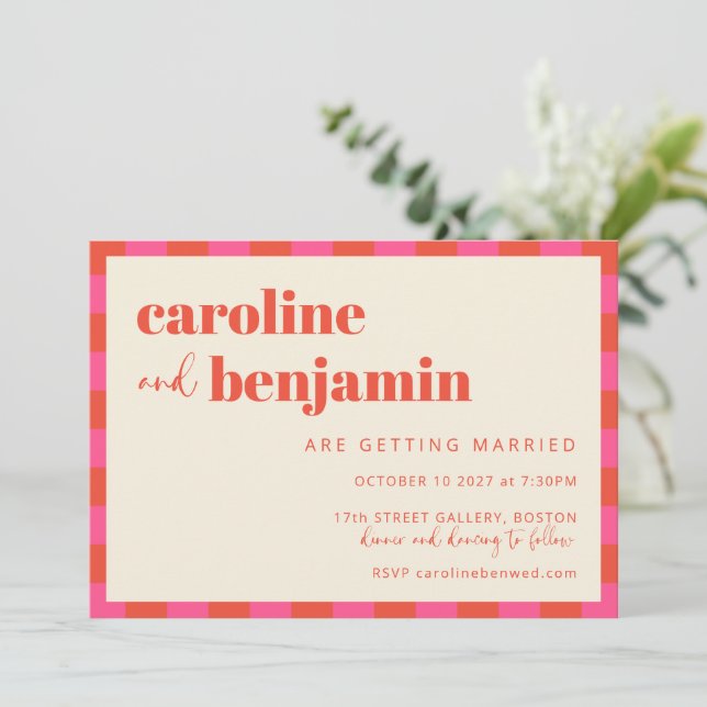 Invitación Boda todo en uno del tablero de Naranja rosa negri (Anverso de pie)