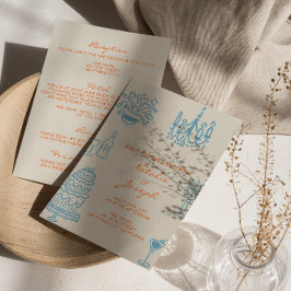 Invitación Boda Todo En Uno Dibujada Naranja Azul Caprichosa