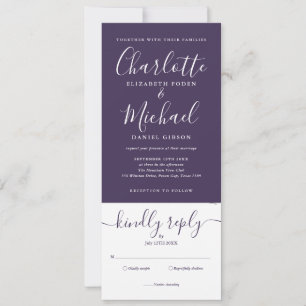 Invitación Boda Todo En Uno Elegante Letra Púrpura