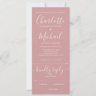 Invitación Boda Todo En Uno Elegante Letra Rosa Polvoriento