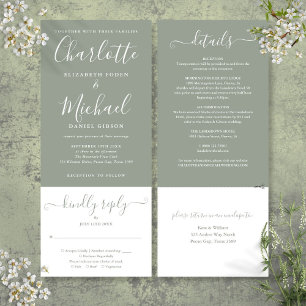 Invitación Boda Todo En Uno Elegante Letra Verde Salvia