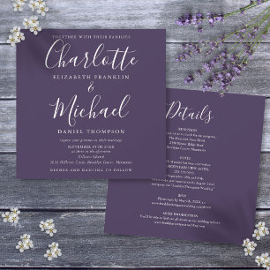 Invitación Boda Todo En Uno Escritura Elegante Púrpura
