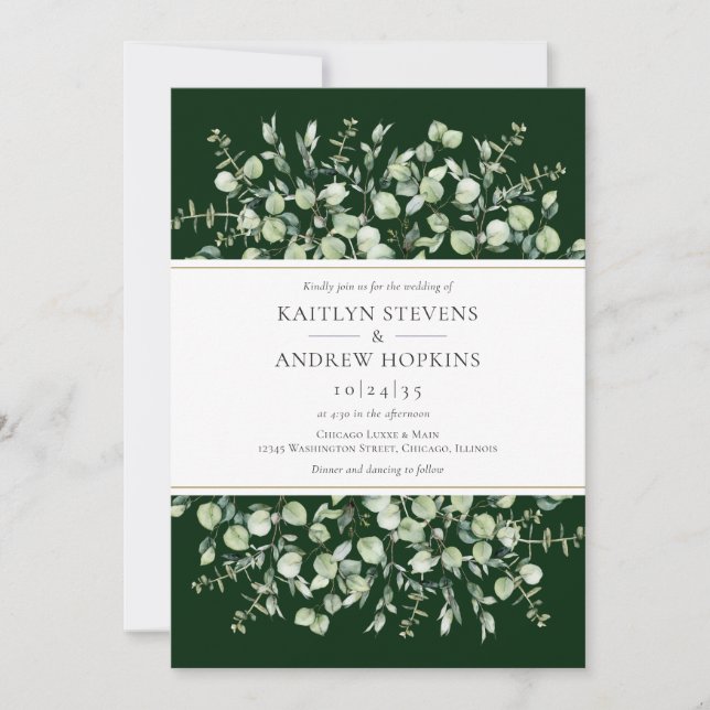 Invitación Boda Todo En Uno Eucalipto Verde Oscuro (Anverso)