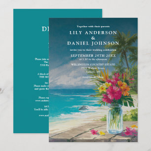 Invitación Boda Todo En Uno Floral De Jarra De Mason De Playa